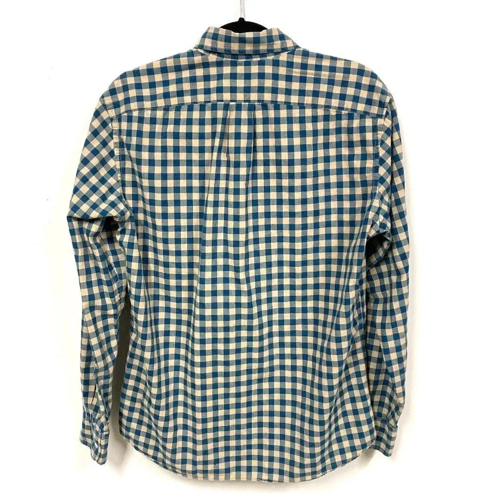 J. Crew Men’s Stretch Button Down Blue‎ & Tan Checked Shirt, Medium Slim